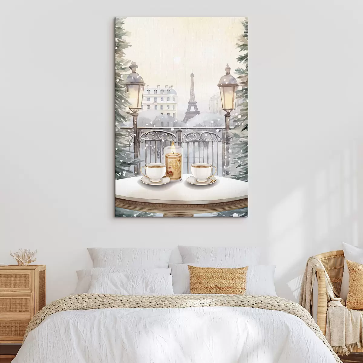 murales de pared Hermoso café en París, tazas de té, vista romántica, invierno, estilo acuarela s42799