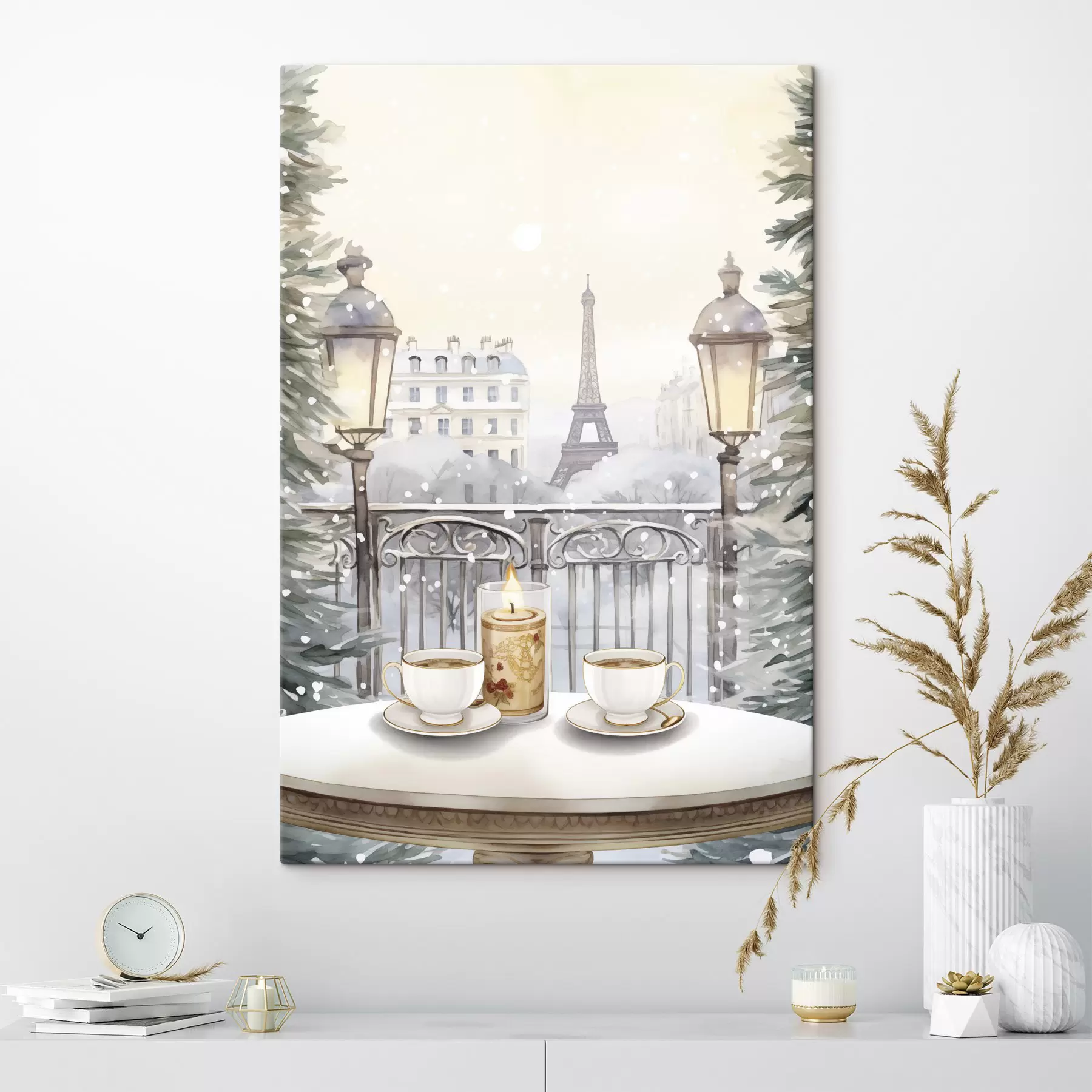 murales de pared Hermoso café en París, tazas de té, vista romántica, invierno, estilo acuarela s42799