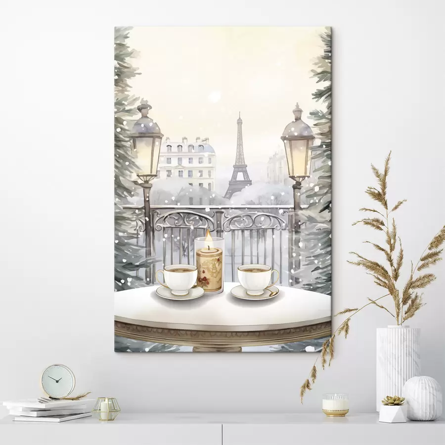 murales de pared Hermoso café en París, tazas de té, vista romántica, invierno, estilo acuarela s42799