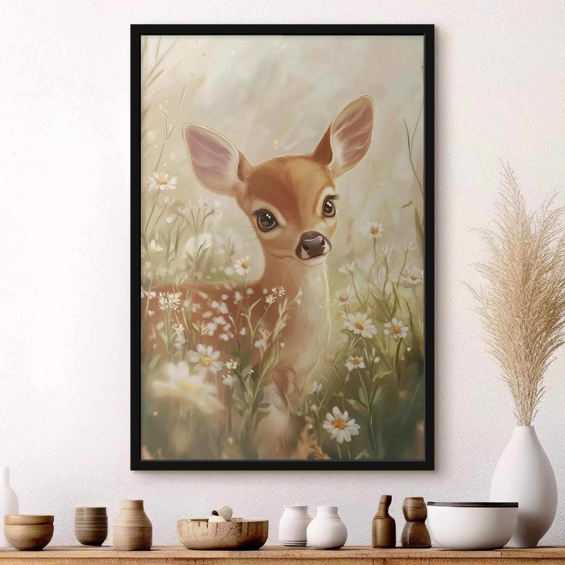 murales de pared Lindo ciervo en el prado con flores de margarita, dibujo al óleo f42780