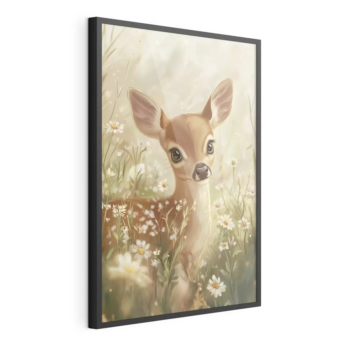 Poster Lindo ciervo en el prado con flores de margarita, dibujo al óleo f42780