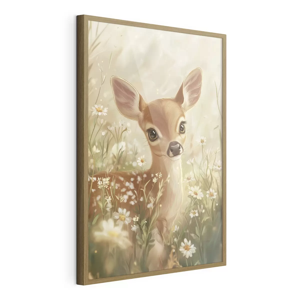 Poster Lindo ciervo en el prado con flores de margarita, dibujo al óleo f42780