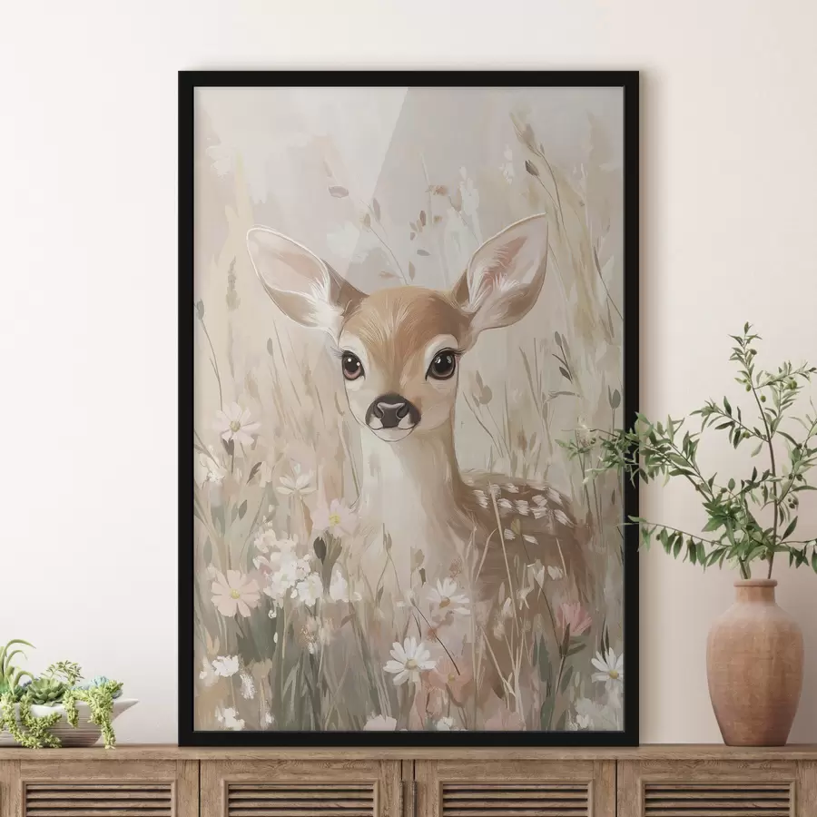 murales de pared Pequeño ciervo en el prado de verano, acrílico estilo drawimg, rosa pastel y beige colores f42781