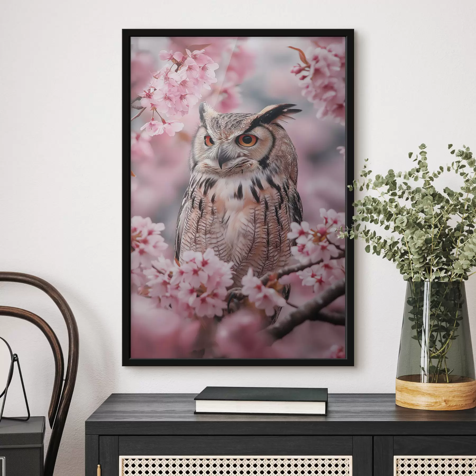 murales de pared Hermoso búho en la rama de un cerezo, naturaleza, realismo f42784
