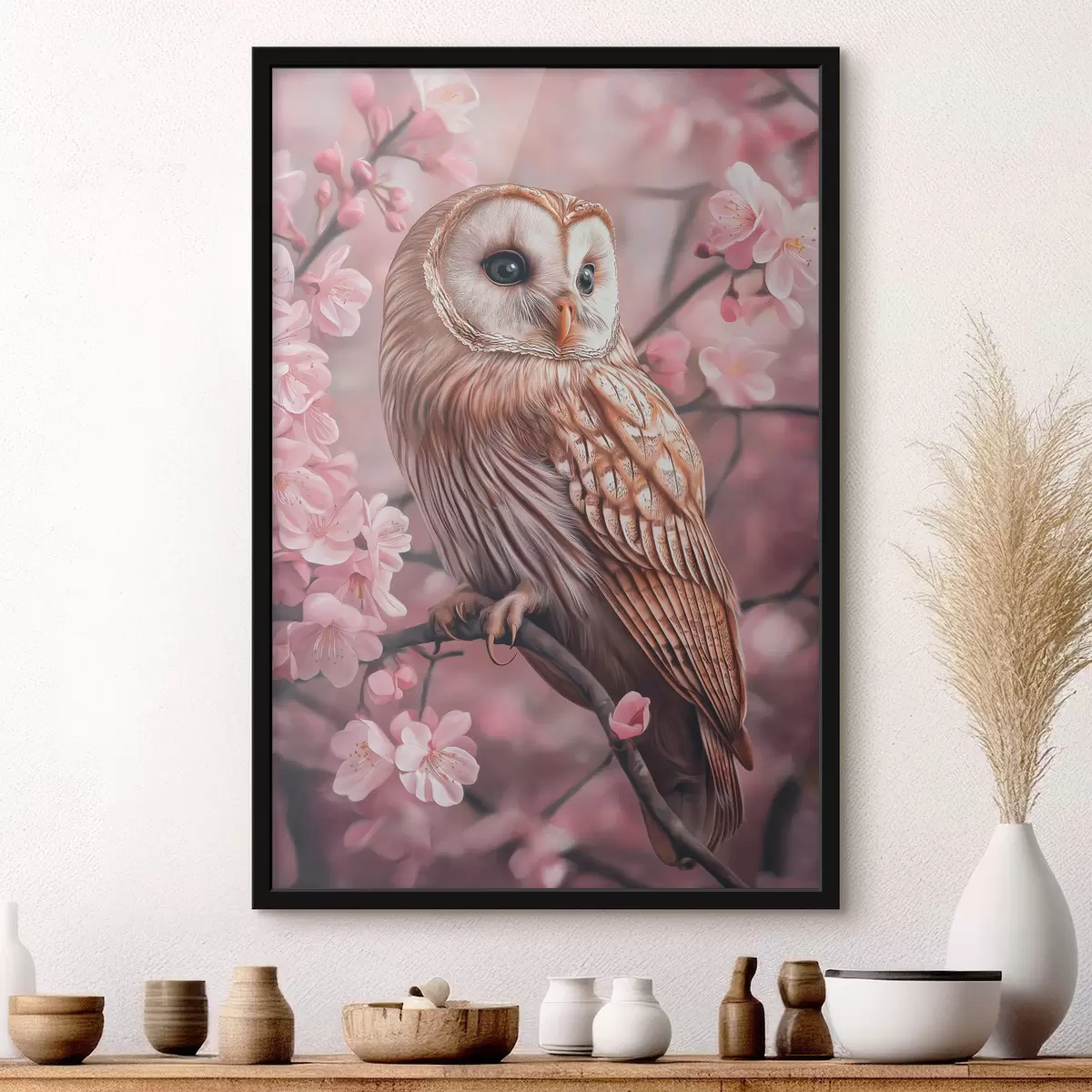 Poster Búho en el cerezo, flores rosas, realismo, naturaleza f42785
