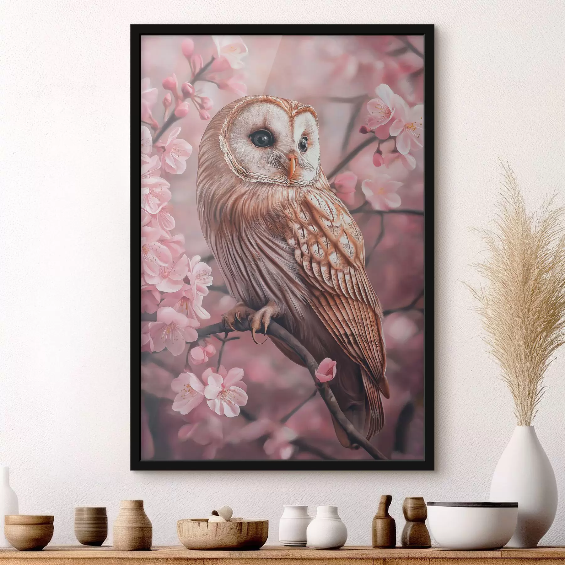 murales de pared Búho en el cerezo, flores rosas, realismo, naturaleza f42785