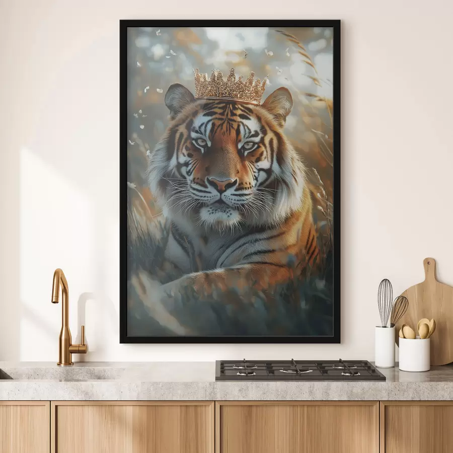 murales de pared Hermoso tigre con corona de oro, prado de verano, realismo f42786