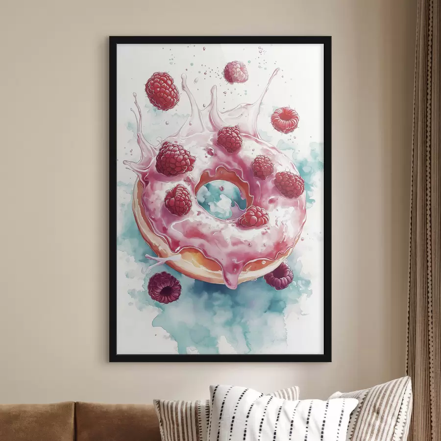 murales de pared Donut de acuarela con frambuesas, colores rosa y azul f42787