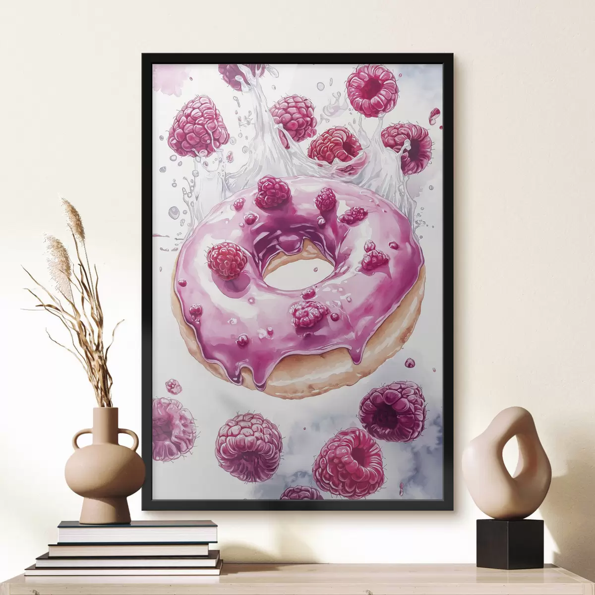 Poster Donut con frambuesas con glaseado rosa, delicioso postre, estilo acuarela f42789