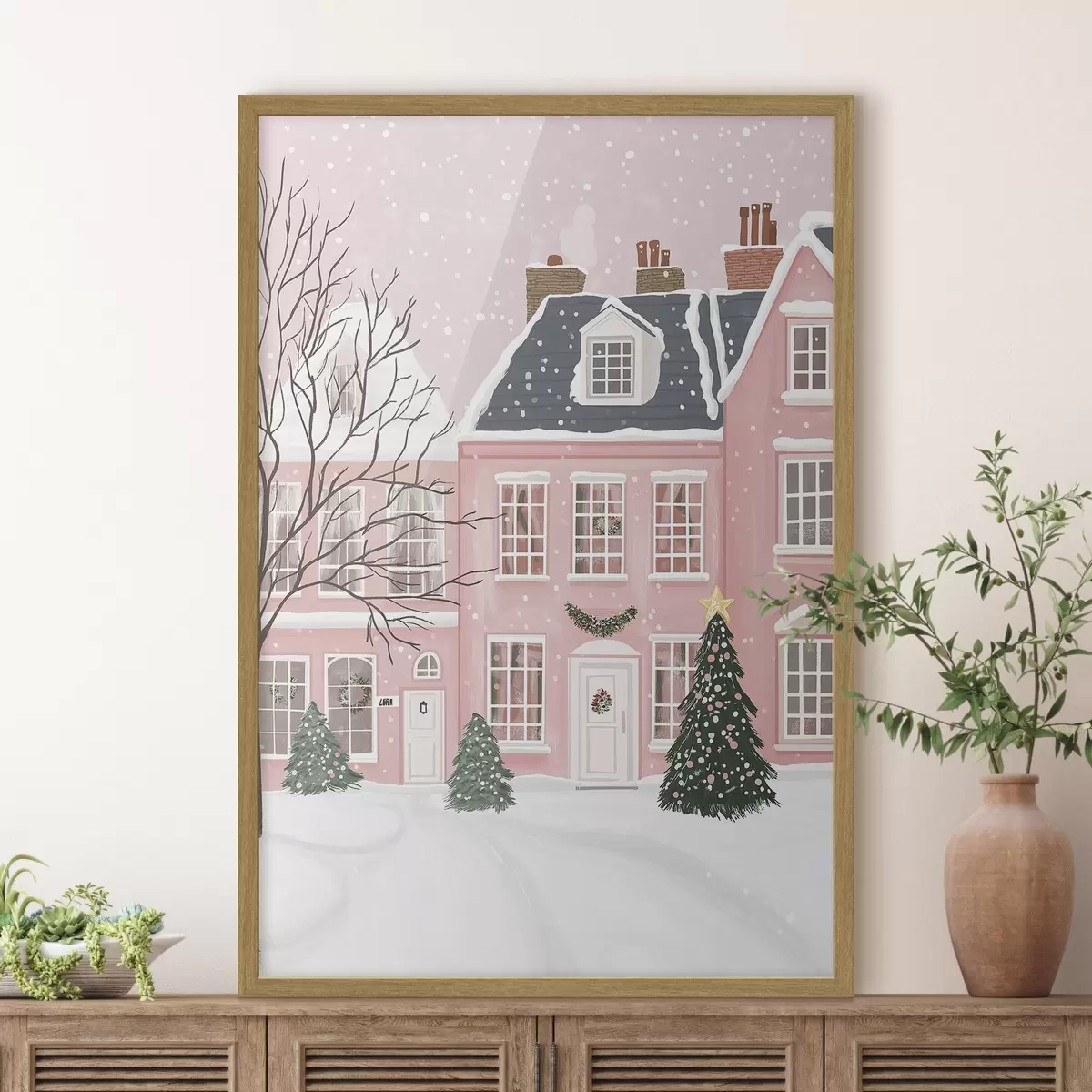 Poster Bonitas casas rosas, pinos, paisajes invernales f42791