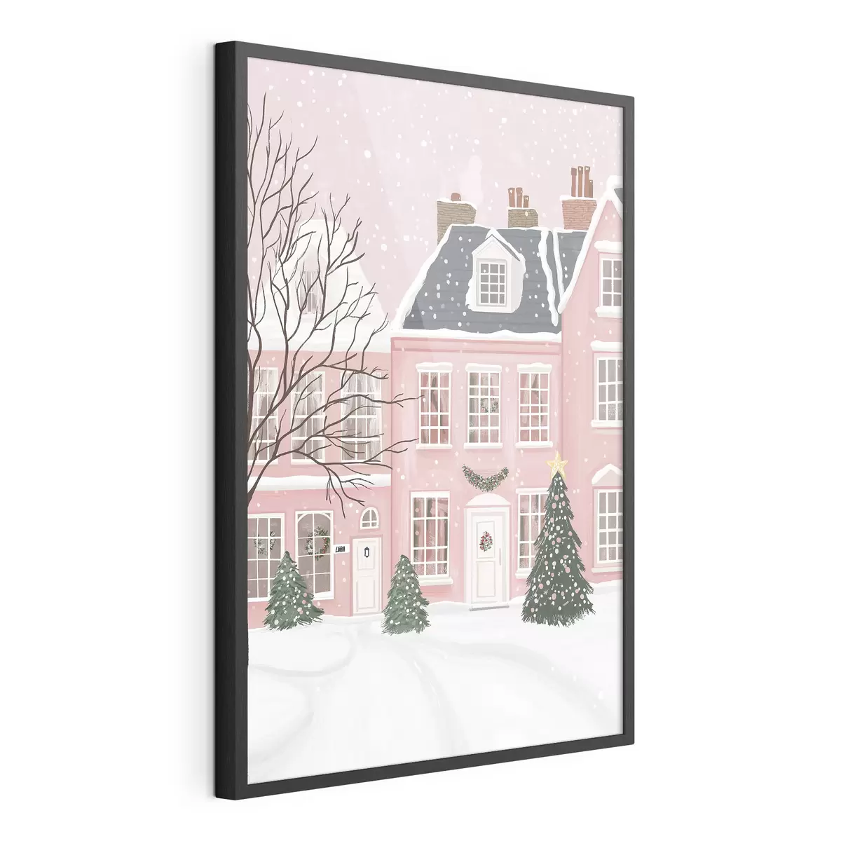 Poster Bonitas casas rosas, pinos, paisajes invernales f42791