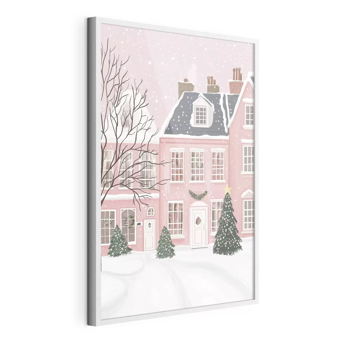 Poster Bonitas casas rosas, pinos, paisajes invernales f42791