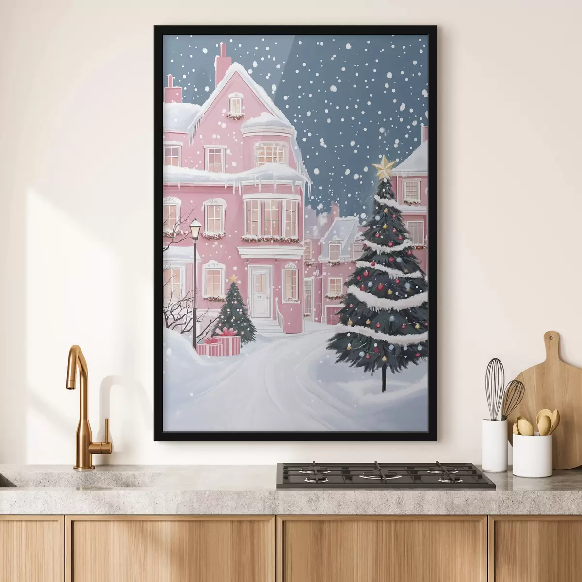 Poster Ciudad invernal con casas rosas, árboles de navidad y copos de nieve f42792