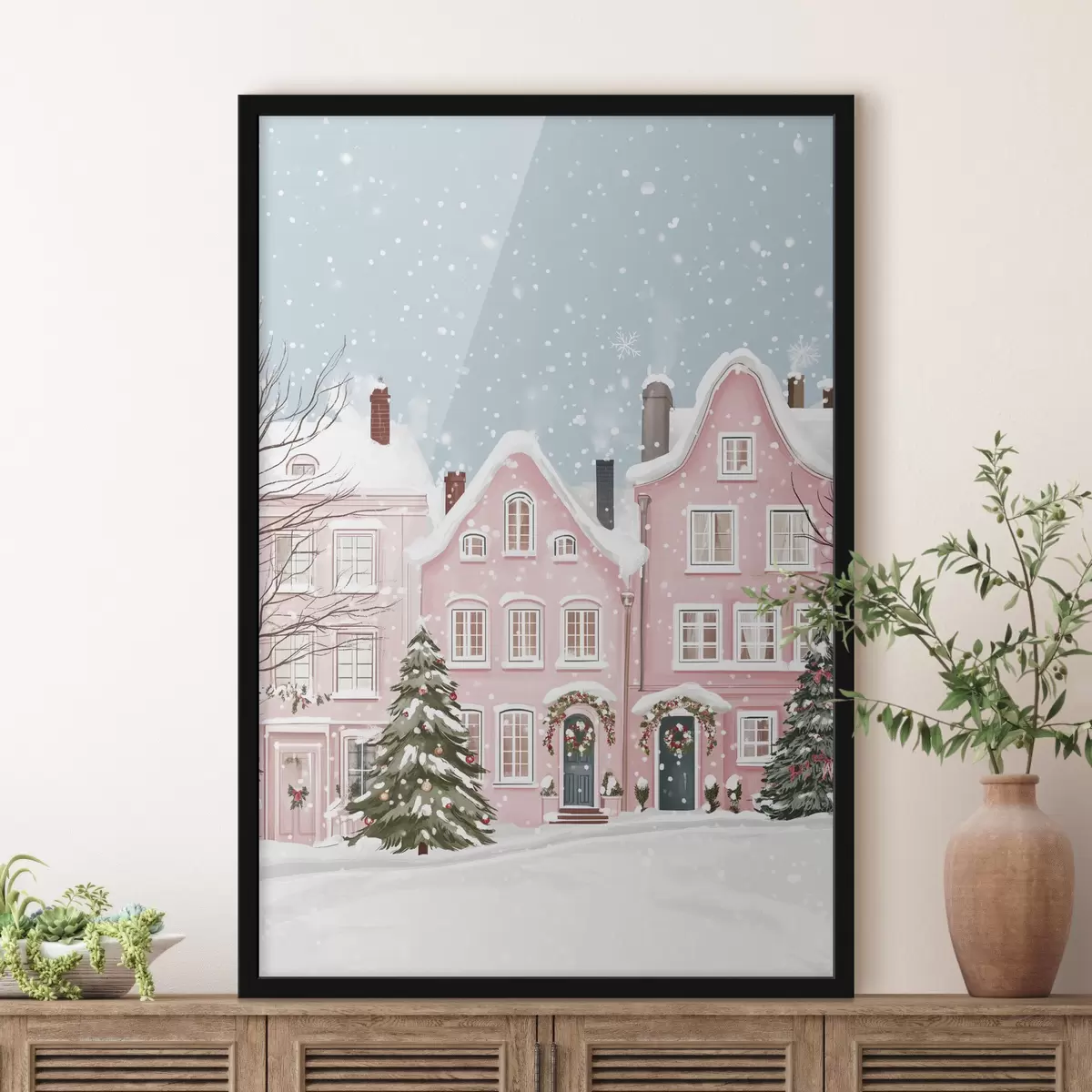 Poster Bonita ciudad con bonitas casas rosas, estética invernal, copos de nieve f42793
