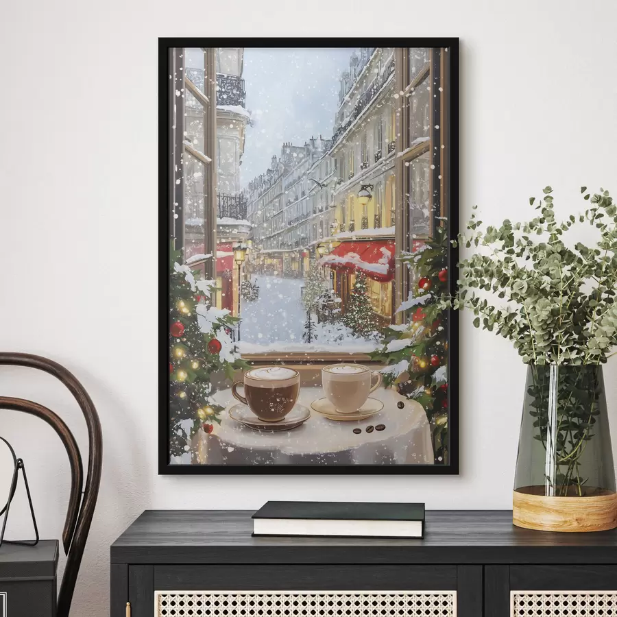 murales de pared Acogedora cafetería de invierno, tazas de café, estilo acrílico, arquitectura antigua de la ciudad f42795