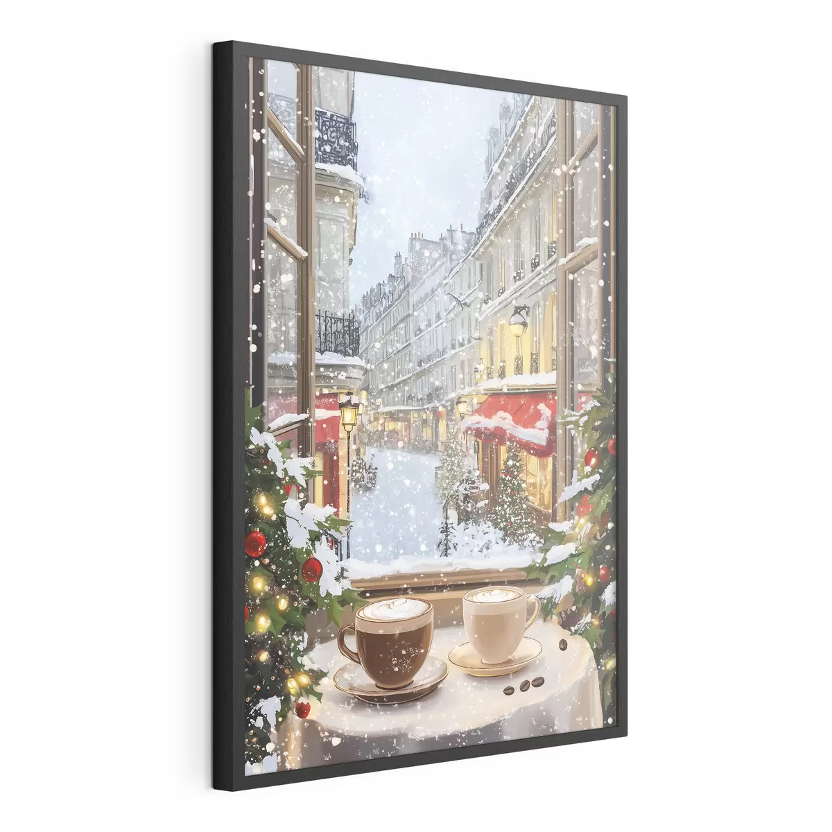Poster Acogedora cafetería de invierno, tazas de café, estilo acrílico, arquitectura antigua de la ciudad f42795
