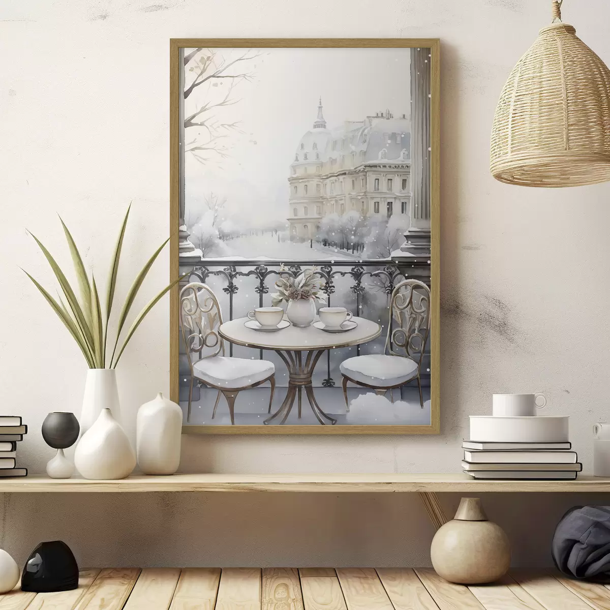 Poster Bonito café, tazas de té, estilo bohemio, acuarela, estética invernal f42796