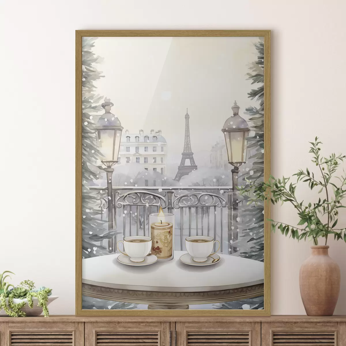 Poster Hermoso café en París, tazas de té, vista romántica, invierno, estilo acuarela f42799