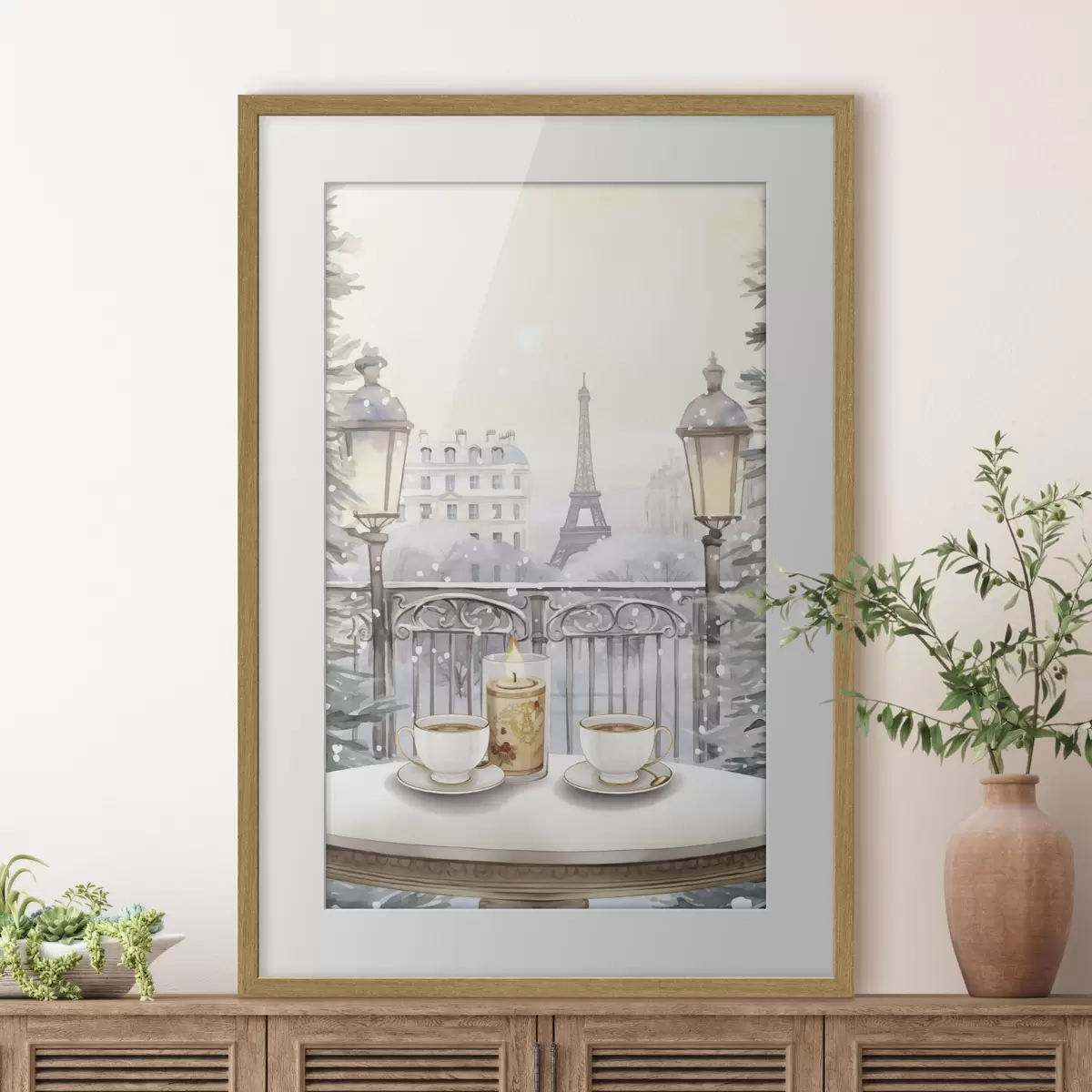 Poster Hermoso café en París, tazas de té, vista romántica, invierno, estilo acuarela f42799