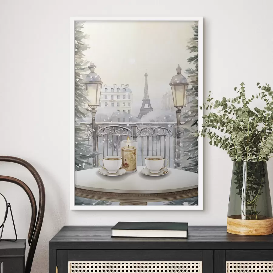 murales de pared Hermoso café en París, tazas de té, vista romántica, invierno, estilo acuarela f42799