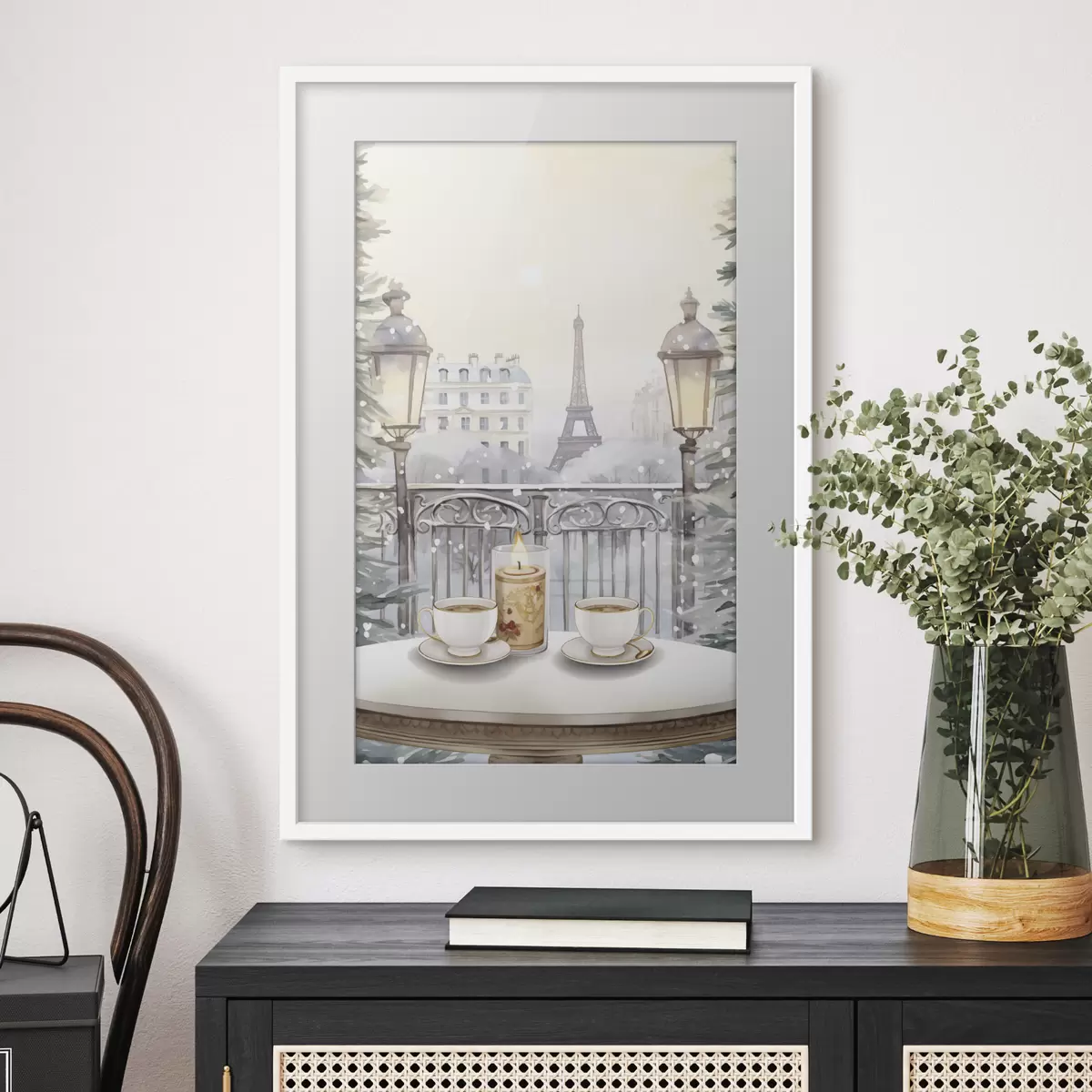 Poster Hermoso café en París, tazas de té, vista romántica, invierno, estilo acuarela f42799