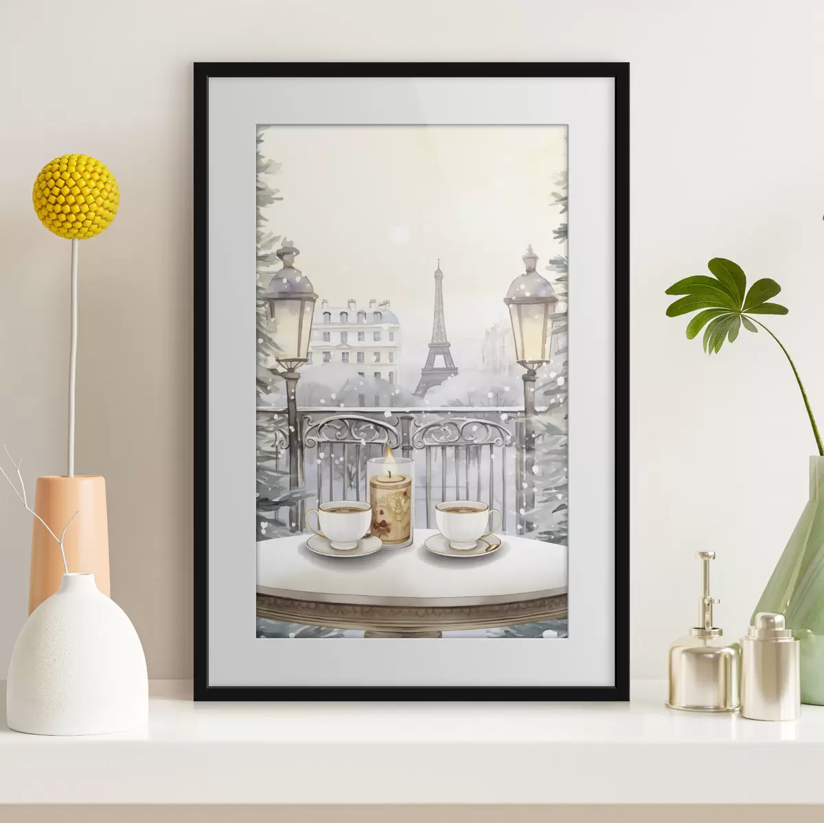 Poster Hermoso café en París, tazas de té, vista romántica, invierno, estilo acuarela f42799