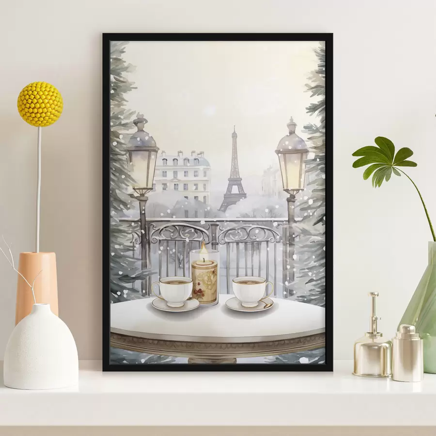 murales de pared Hermoso café en París, tazas de té, vista romántica, invierno, estilo acuarela f42799