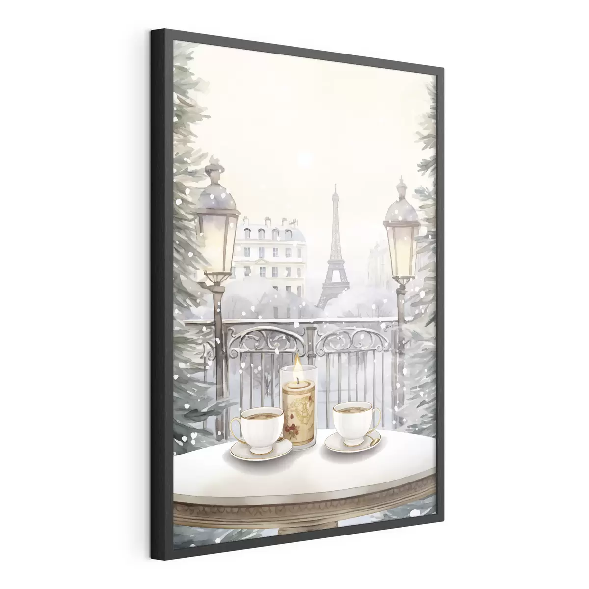 Poster Hermoso café en París, tazas de té, vista romántica, invierno, estilo acuarela f42799