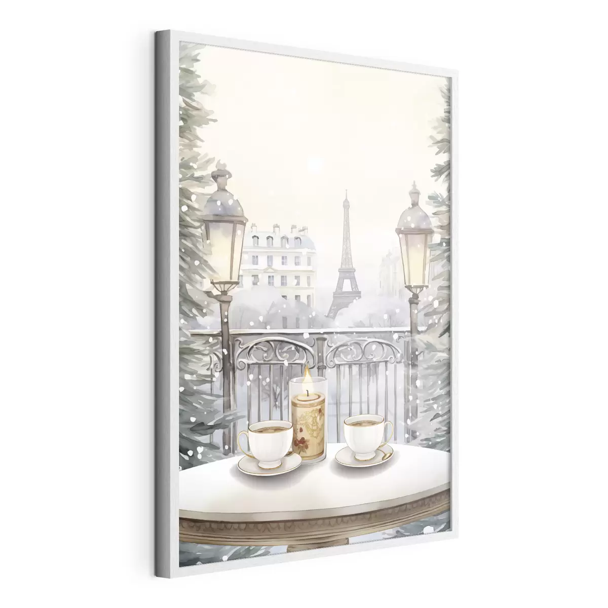 Poster Hermoso café en París, tazas de té, vista romántica, invierno, estilo acuarela f42799