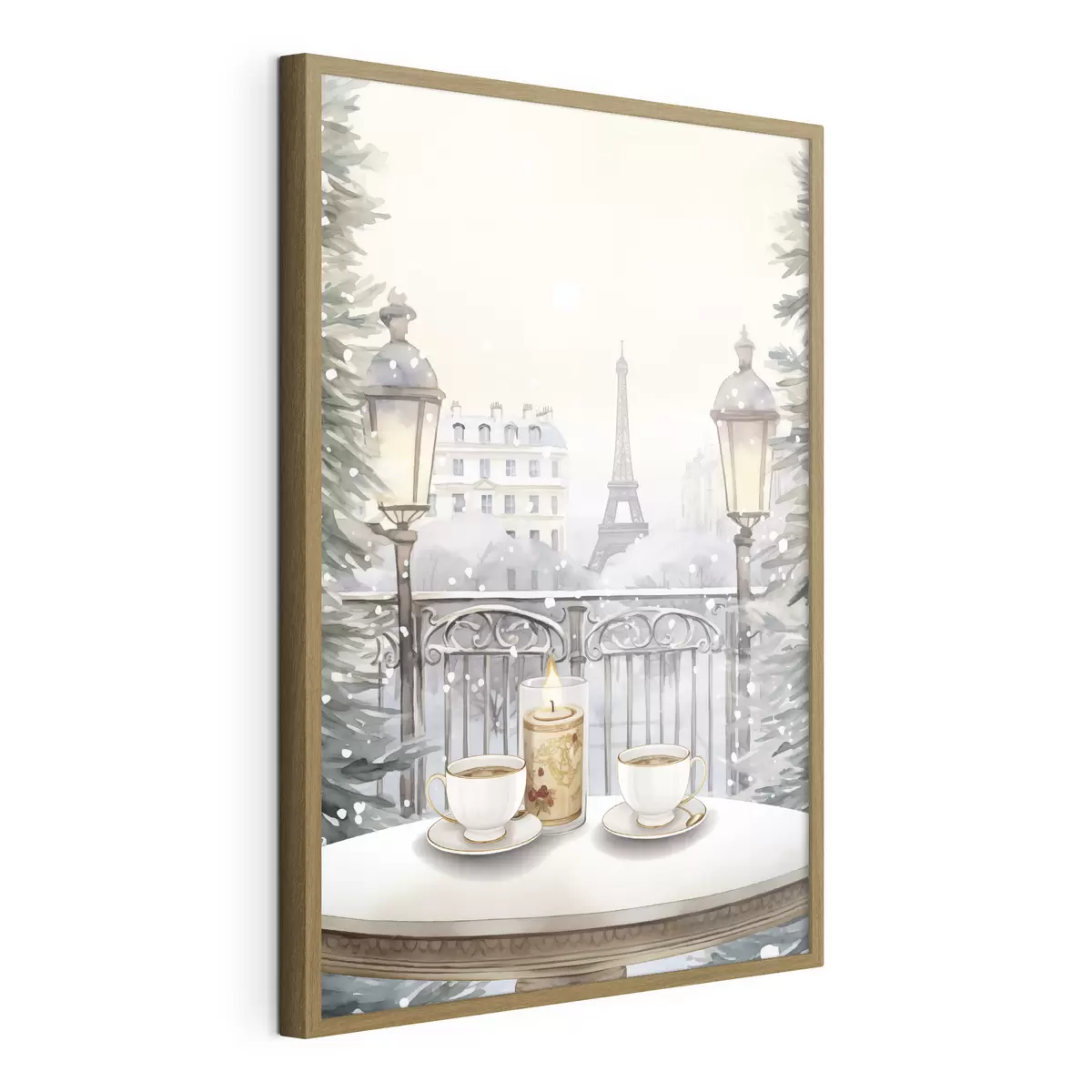 Poster Hermoso café en París, tazas de té, vista romántica, invierno, estilo acuarela f42799