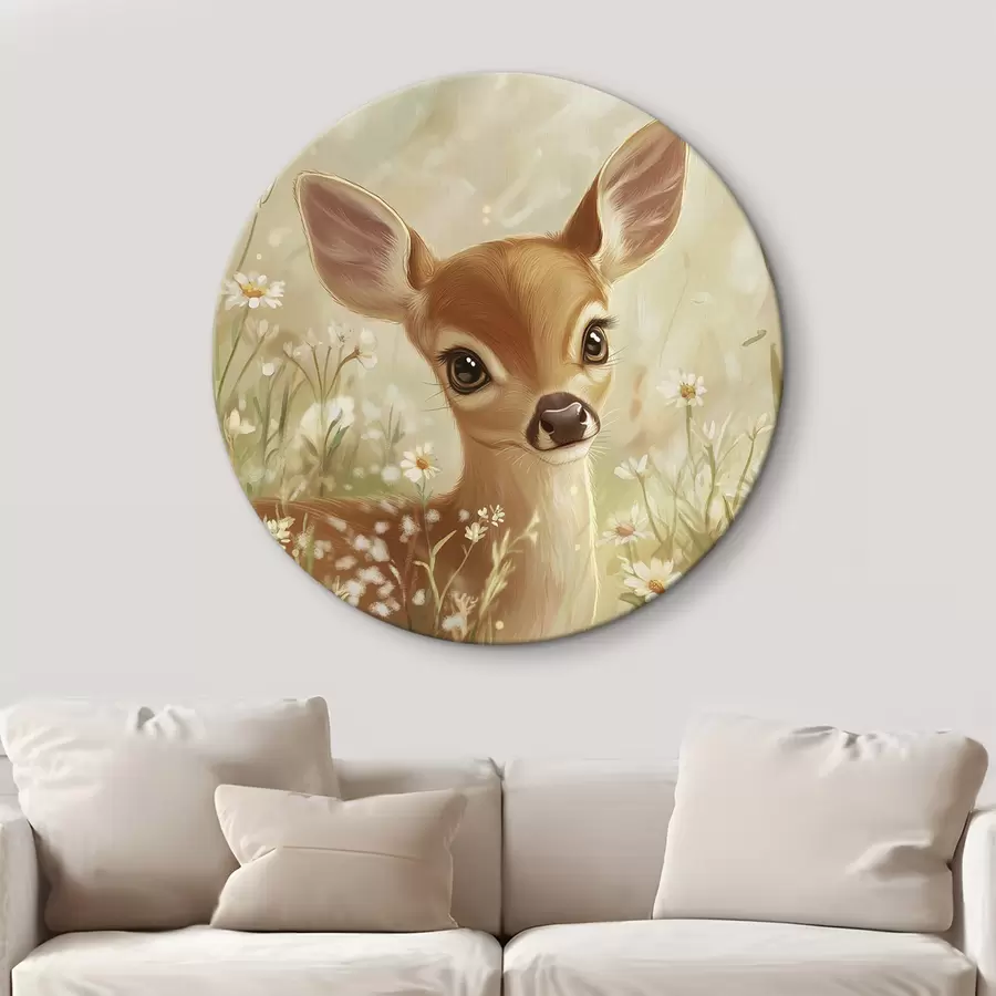 murales de pared Lindo ciervo en el prado con flores de margarita, dibujo al óleo r42780