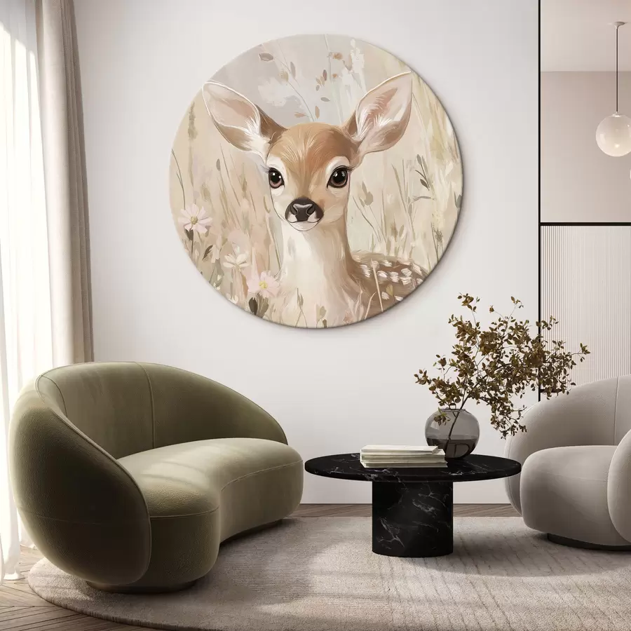 murales de pared Pequeño ciervo en el prado de verano, acrílico estilo drawimg, rosa pastel y beige colores r42781