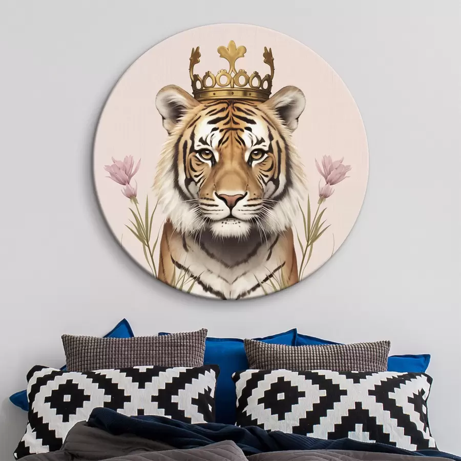 murales de pared Tigre con la corona de oro, fondo rosa, flores de tulipán r42782