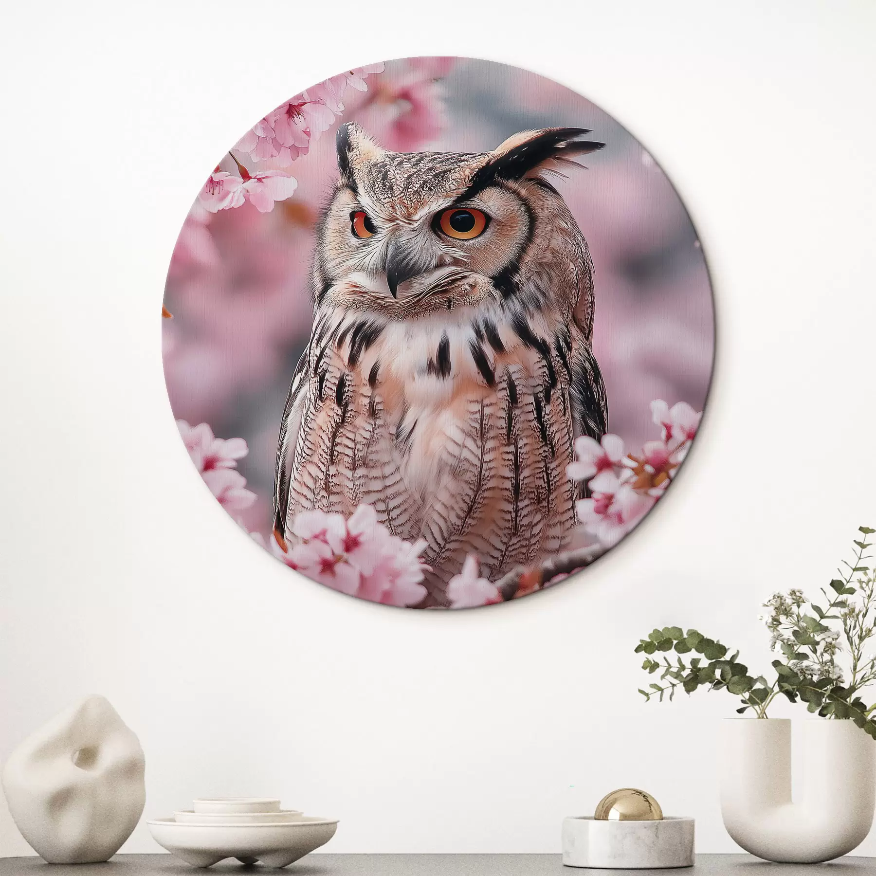 murales de pared Hermoso búho en la rama de un cerezo, naturaleza, realismo r42784