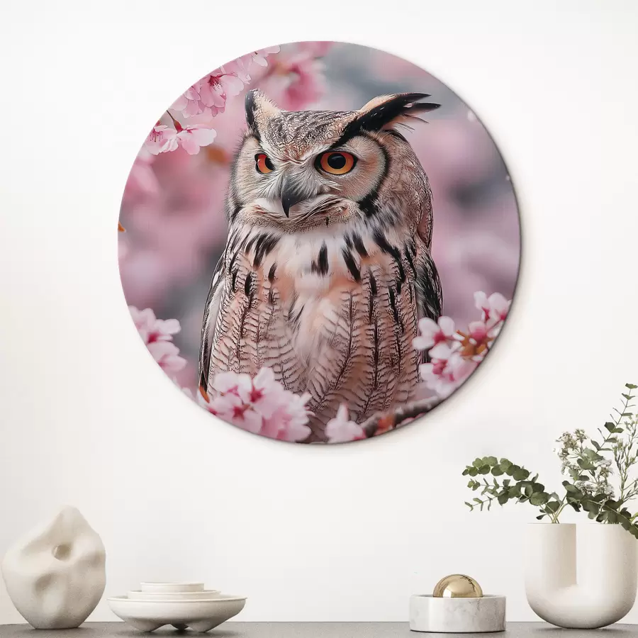 murales de pared Hermoso búho en la rama de un cerezo, naturaleza, realismo r42784