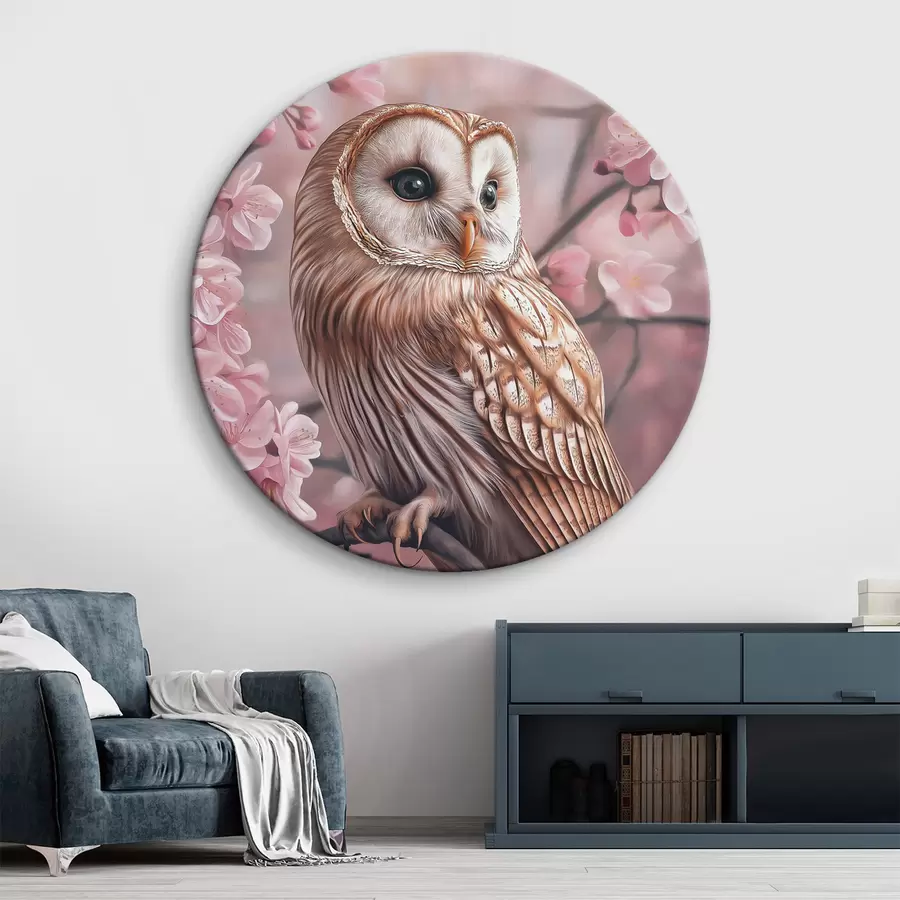 murales de pared Búho en el cerezo, flores rosas, realismo, naturaleza r42785