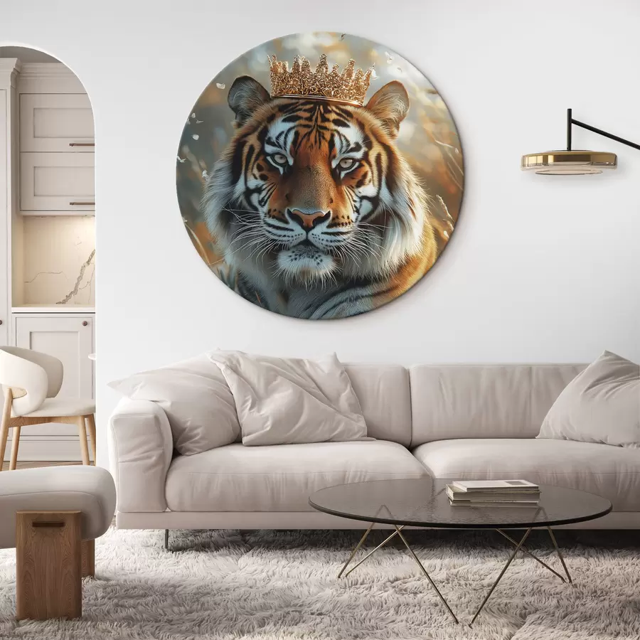 murales de pared Hermoso tigre con corona de oro, prado de verano, realismo r42786