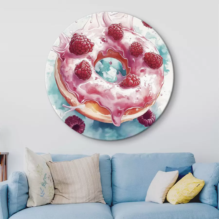 murales de pared Donut de acuarela con frambuesas, colores rosa y azul r42787