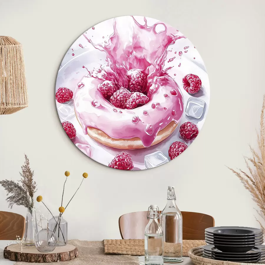 murales de pared Delicioso donut en el plato, nata espumosa, frambuesas, hielo r42788
