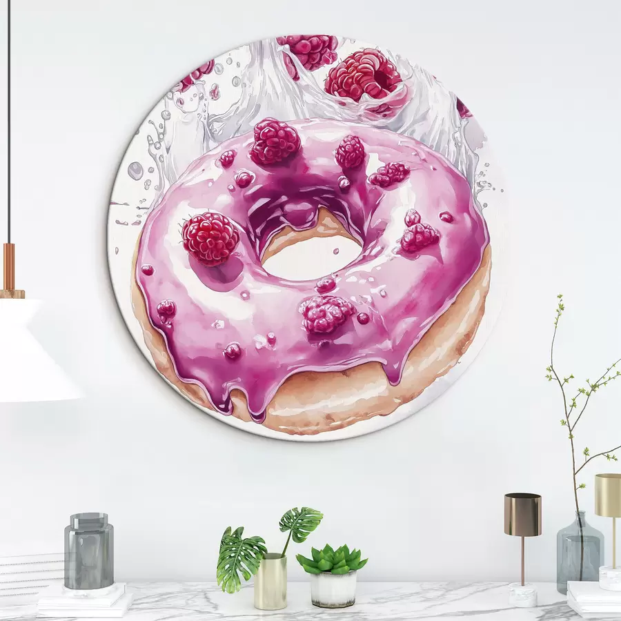 murales de pared Donut con frambuesas con glaseado rosa, delicioso postre, estilo acuarela r42789