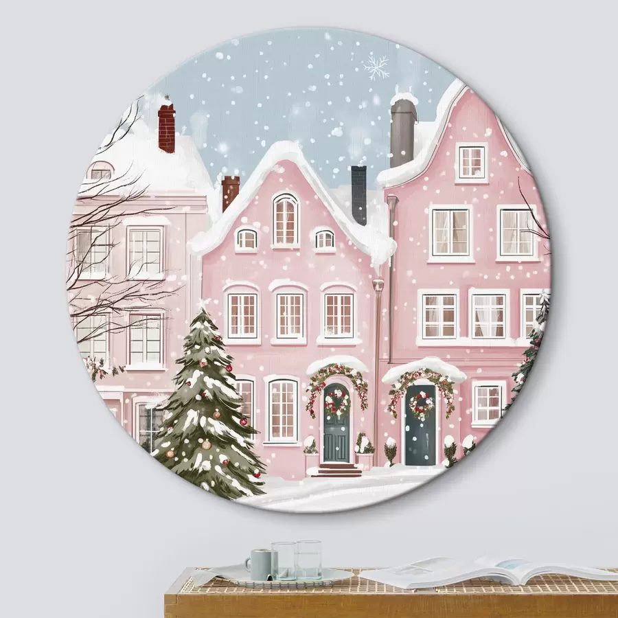 murales de pared Bonita ciudad con bonitas casas rosas, estética invernal, copos de nieve r42793