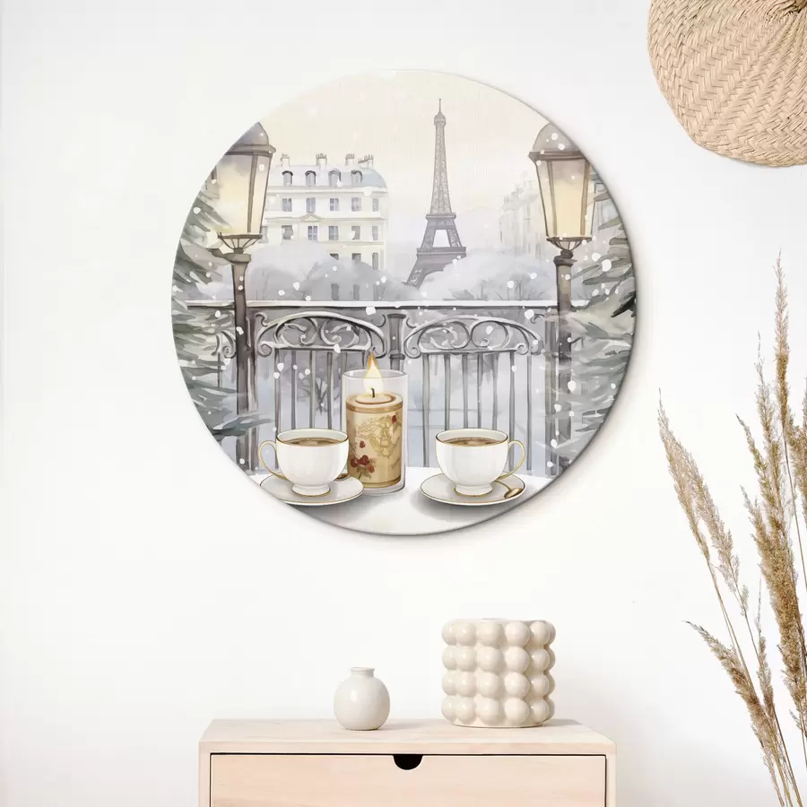 murales de pared Hermoso café en París, tazas de té, vista romántica, invierno, estilo acuarela r42799