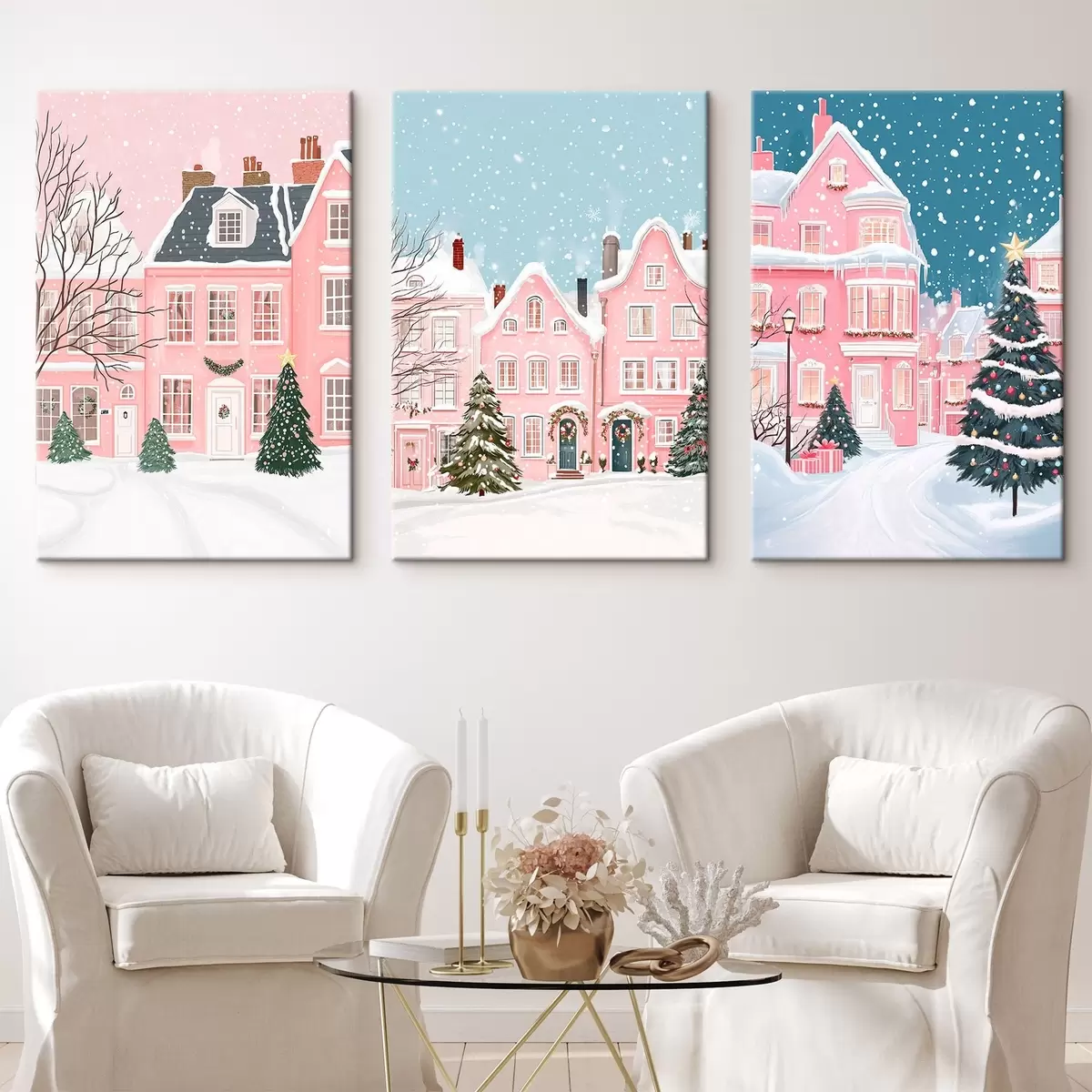 murales de pared Preciosa ciudad invernal con casas rosas, pinos y copos de nieve  m00410