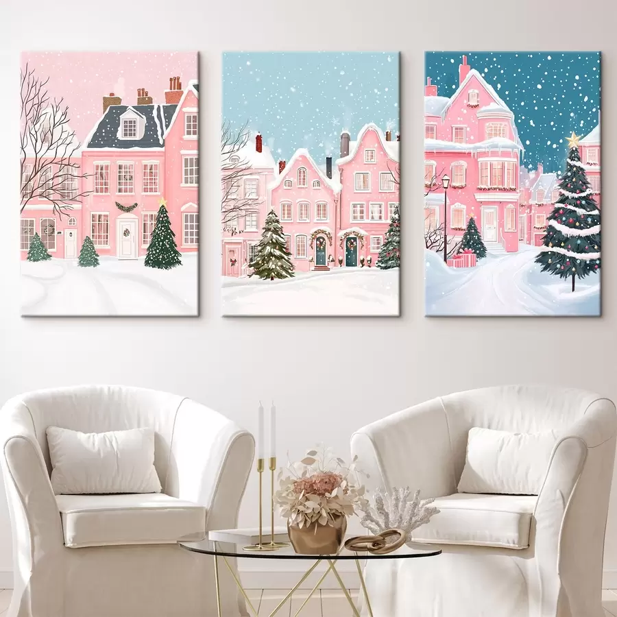 murales de pared Preciosa ciudad invernal con casas rosas, pinos y copos de nieve  m00410