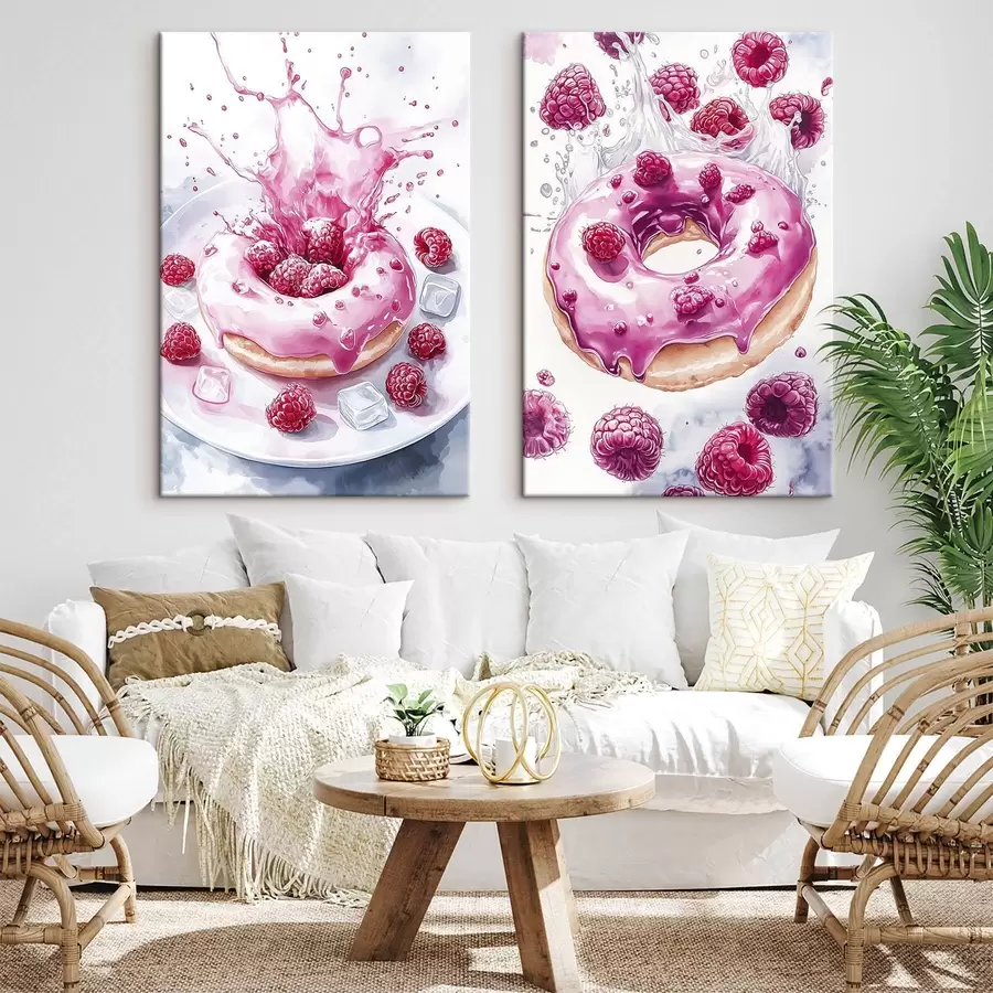 murales de pared Deliciosos donuts estilo acuarela con frambuesas, colores rosas m00412