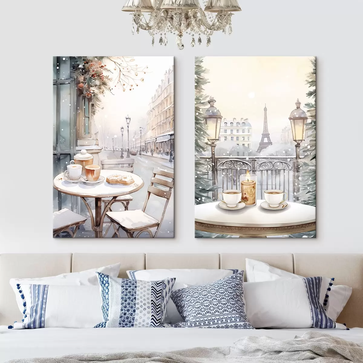 murales de pared Estéticas cafeterías con tazas de café, calle de la ciudad de París, invierno, arquitectura  m00413
