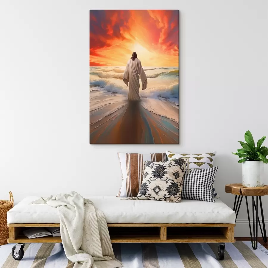 murales de pared Hombre junto al agua sobre el fondo de la puesta de sol s42824