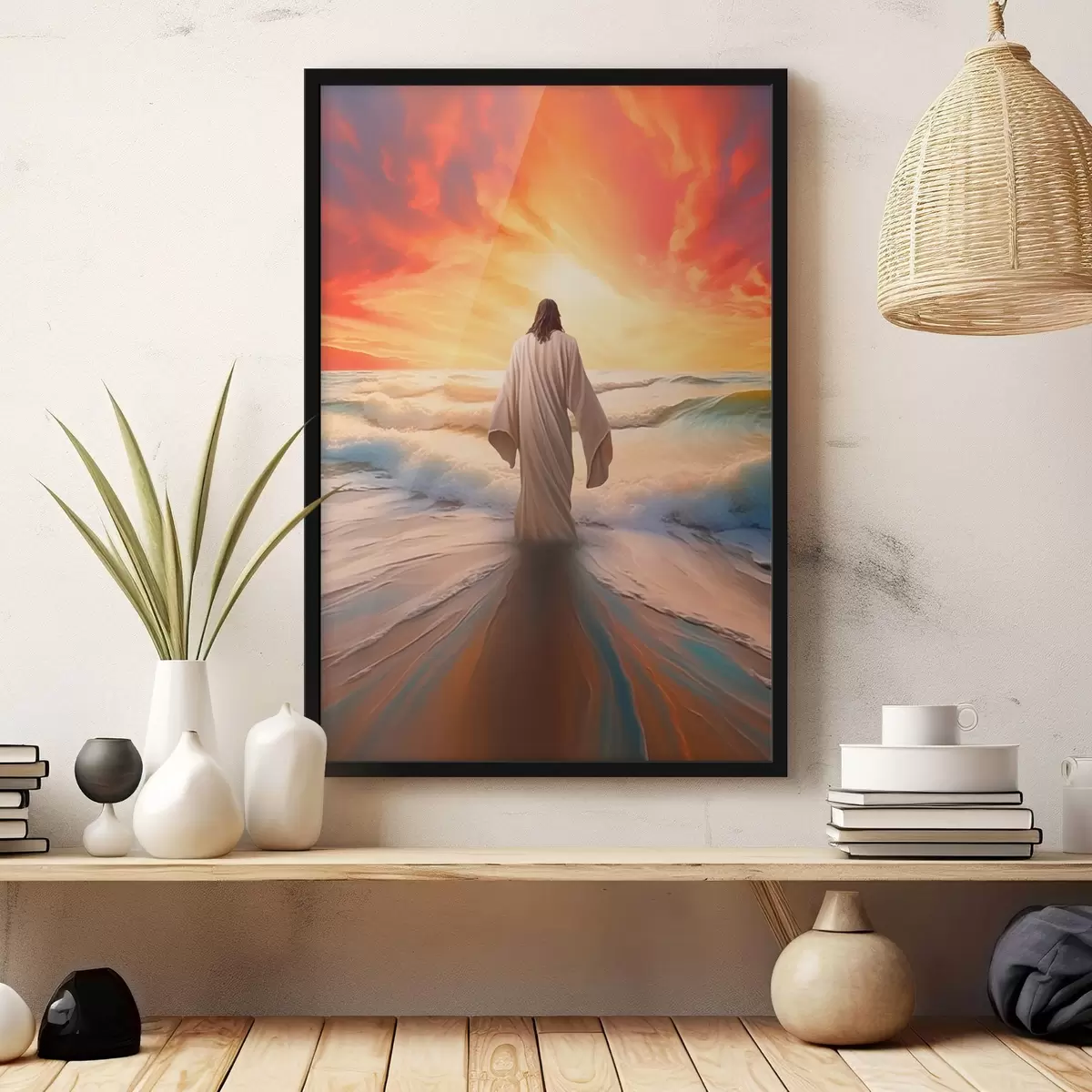 Poster Hombre junto al agua sobre el fondo de la puesta de sol f42824