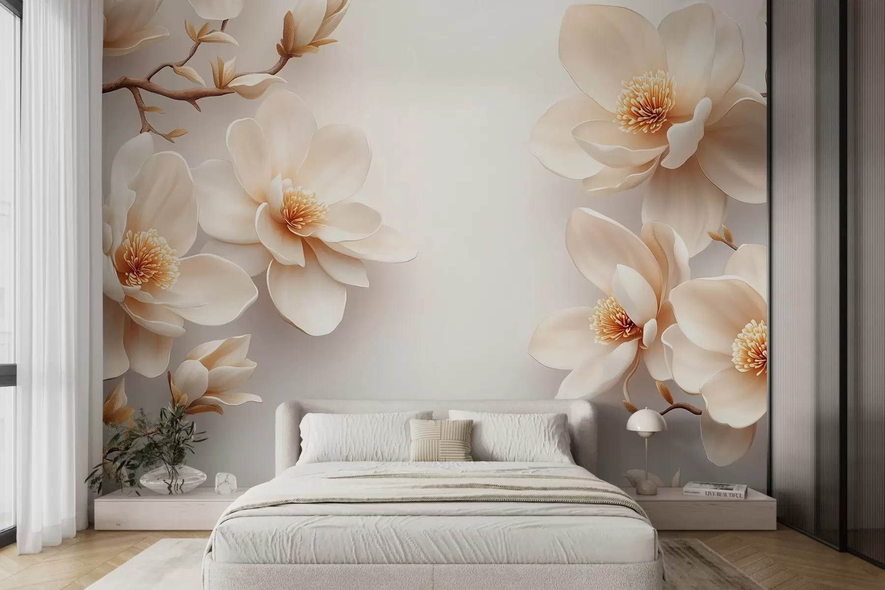 murales de pared Preciosas flores de magnolia de color crema sobre fondo blanco w08704