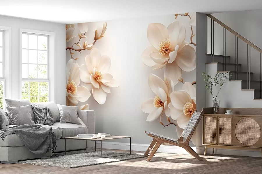 murales de pared Preciosas flores de magnolia de color crema sobre fondo blanco w08704